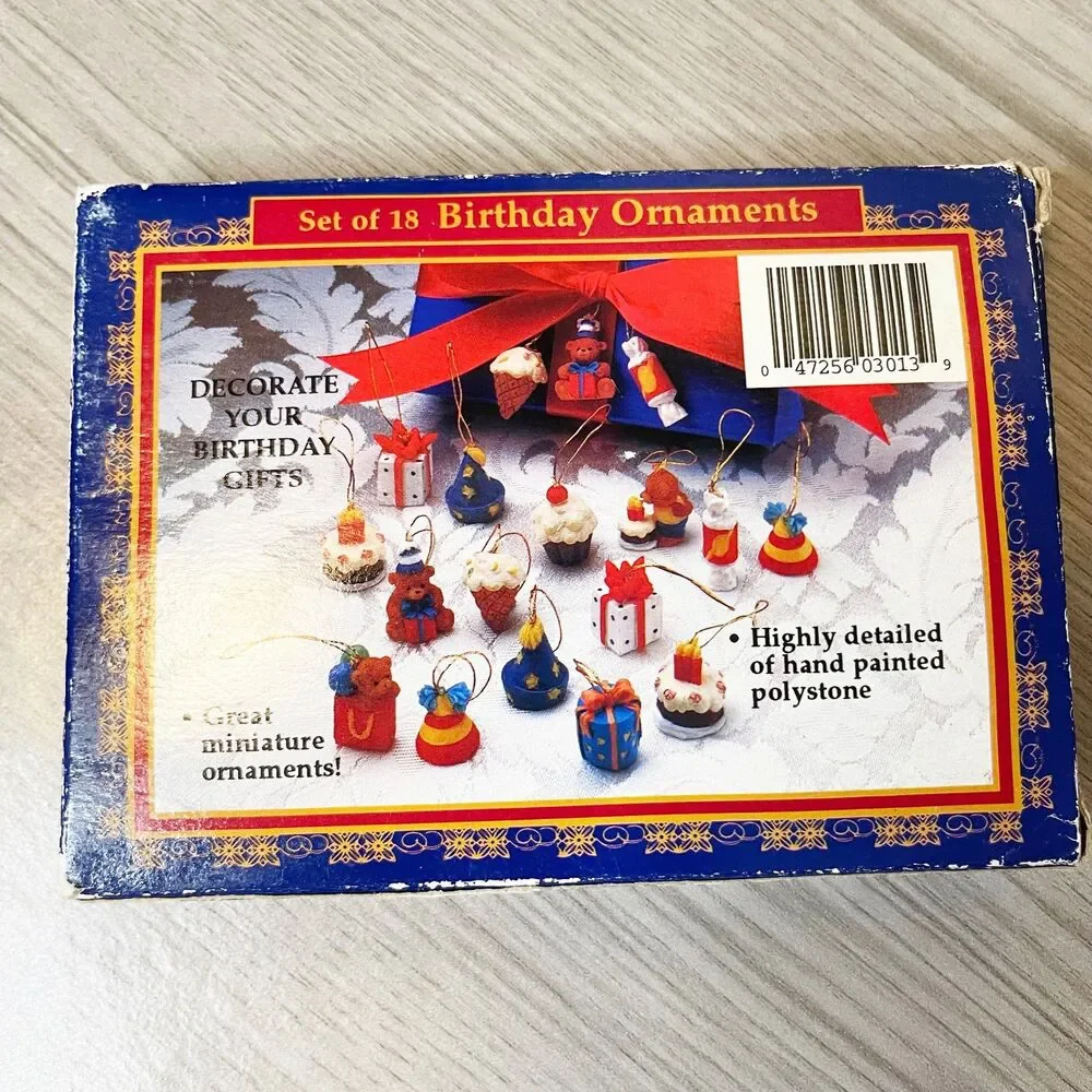 Vintage Set of 18 Birthday Miniature Ornaments Gift Package Tie On Polystone NIB - Picture 2 of 4